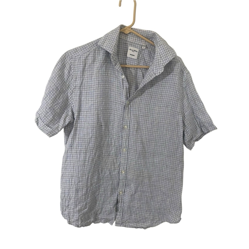 Baird McNutt Linen Short Sleeve Gauzy Camp Shirt Medium Blue Plaid Perfect Casua